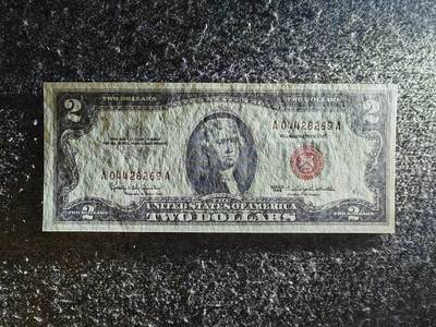 【礼羽收藏】🌏世界钱币拍卖126期 - 【A04428269A】美国，1963年2美金无序列A版A冠，红色库印，首发冠