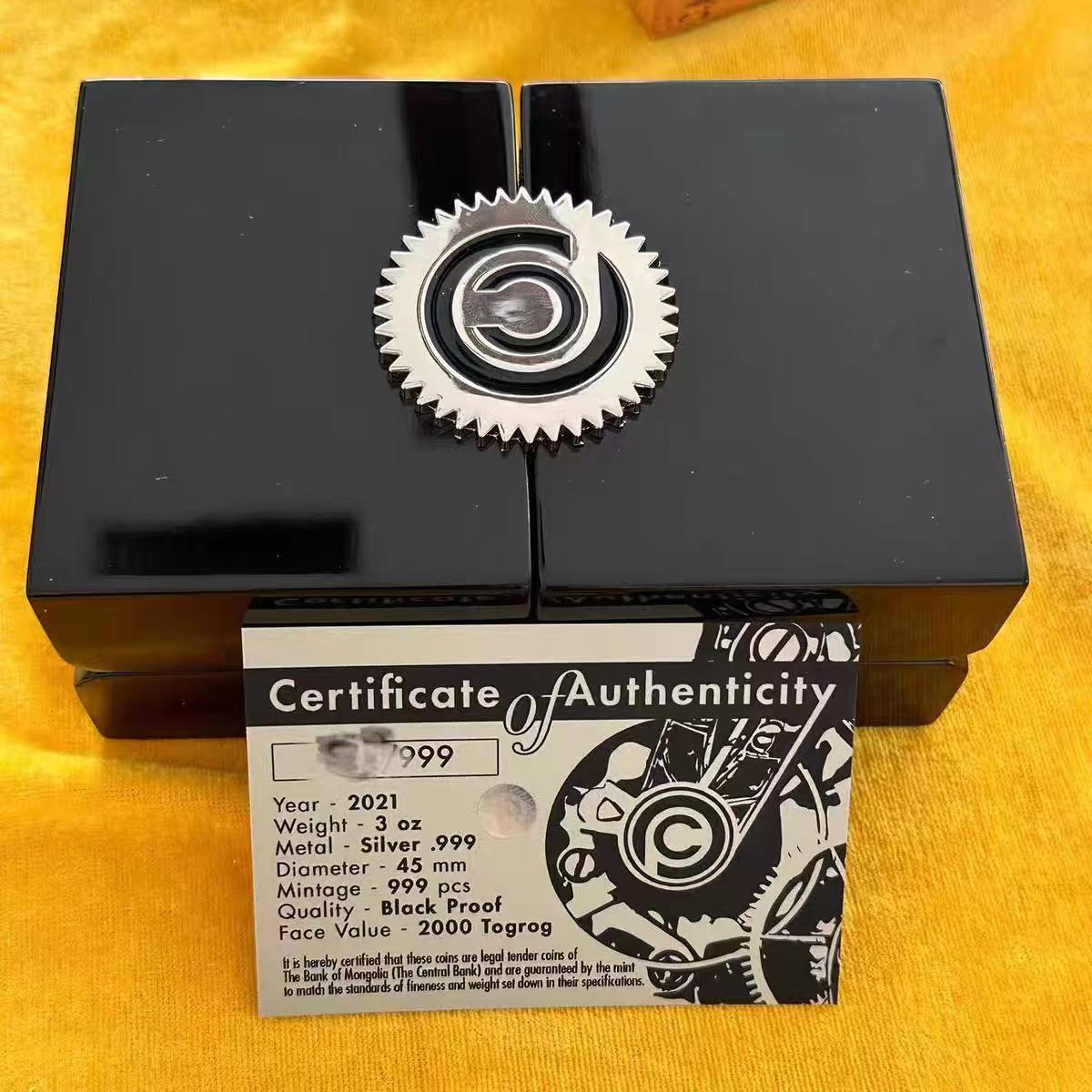 【币将精彩】世界钱币拍卖（2026-3-11） 蒙古2021年机械瓢虫3盎司加厚银币，直径45毫米，发行999枚，带证书包装。