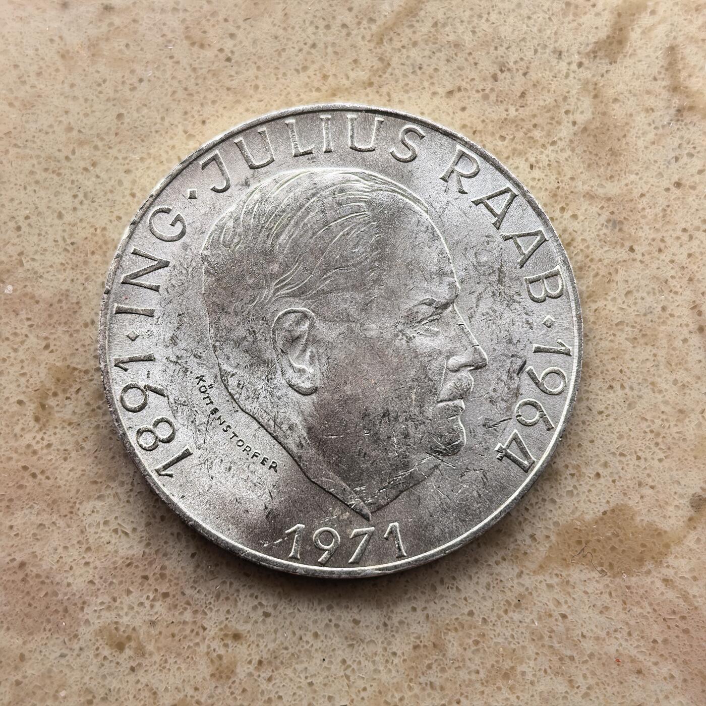 道一币馆币章第一百六十七场 奥地利1971年总理朱利叶斯·拉布80岁诞辰50先令银币  20g 900s