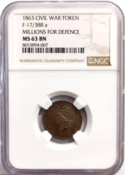 博洋堂世界钱币拍卖第162期（全场包邮） - NGC MS63BN 美国1863年政治口号“数百万用于国防”代币，稀少的美国内战代币，正值美国南北战争期间，经济动荡，民众囤积金银硬币，导致市面上小额零钱（如一分、半分硬币）极度短缺，为了维持商业运转，许多私人商家（如面包店、杂货铺）开始铸造这种铜质代币，作为“找零券”在本地流通