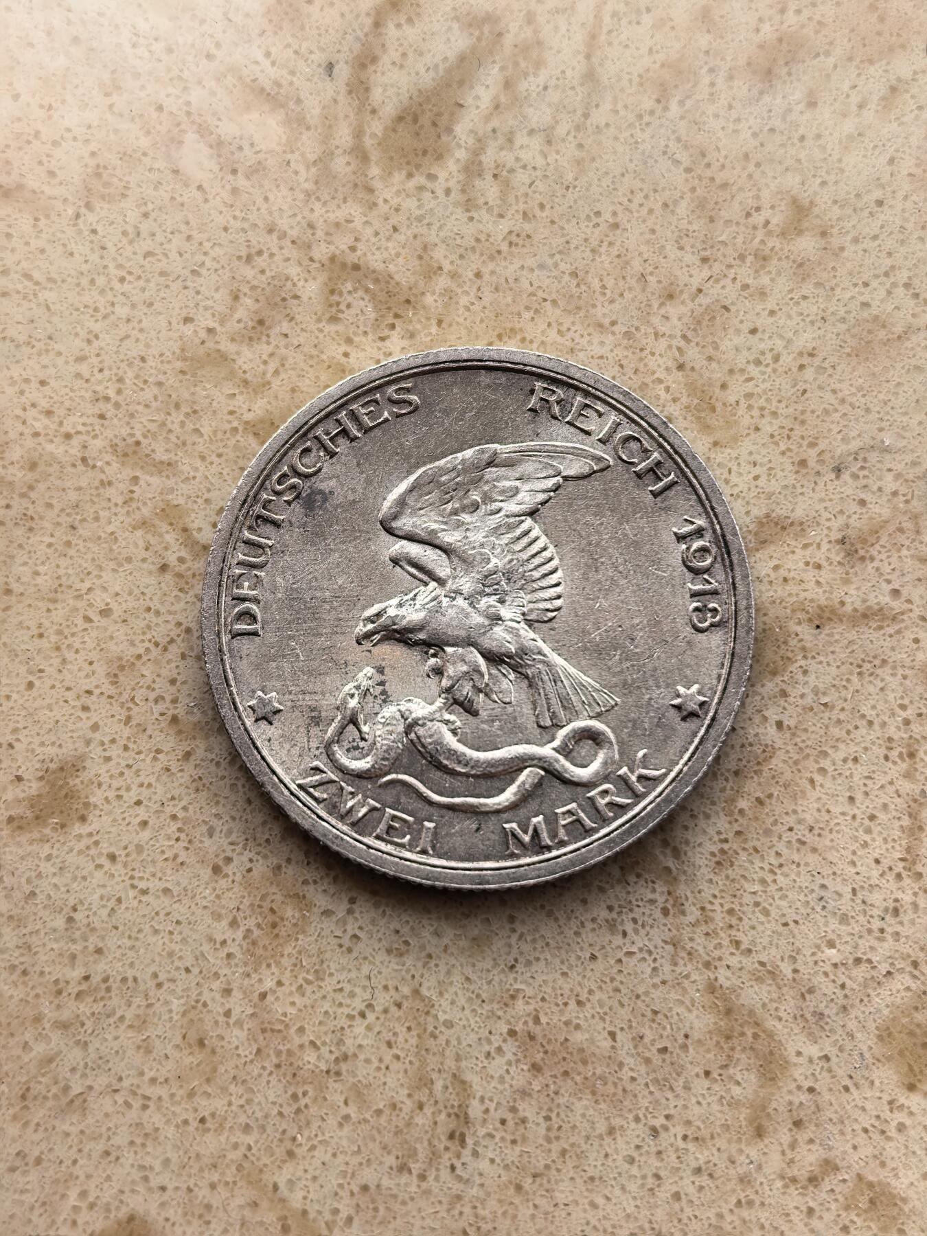 道一币馆币章第一百六十七场 德国1913年战胜拿破仑百年2马克银币   11.1g  900s