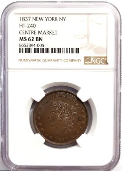 博洋堂世界钱币拍卖第162期（全场包邮） - NGC MS62BN 美国1837年纽约中央市场代币，非常少见的美国艰难时期代币，正值美国历史上著名的“1837年经济大恐慌”时期，当时经济萧条，政府停止铸造小额铜币，导致市面上流通的官方硬币极度匮乏，为了填补市场空白，私人商家、银行或政治团体开始铸造这种铜质代币（Token）用于找零或宣传。