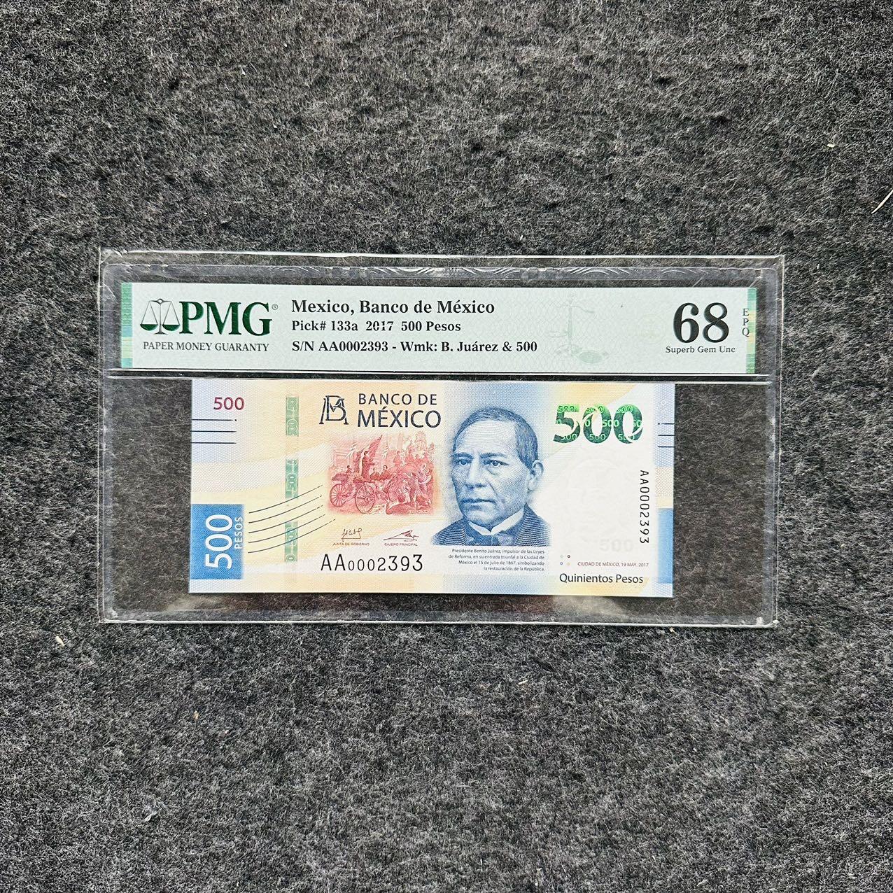 🇺🇳¥ ¥2026🐎马年纸钞评级币 墨西哥2017年500比索册子，AA首发冠（AA0002393）