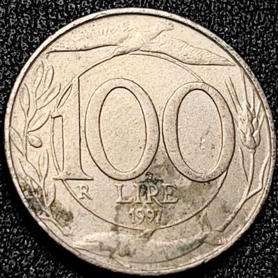 泉币菌-第199场- 新年快乐 新年第7场 本场拍品多 请提前出价（正月十五统一发货） - 意大利100里拉白铜硬币 海豚 飞鸟 小麦 22mm 纪念币铜钱