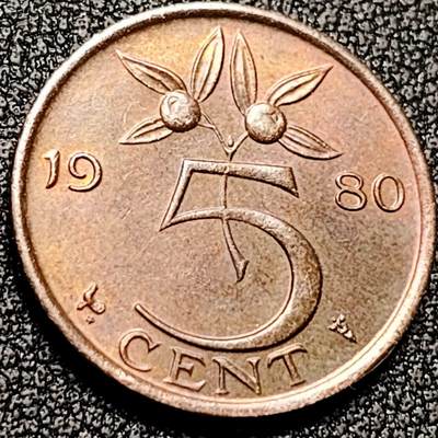 泉币菌-第199场- 新年快乐 新年第7场 本场拍品多 请提前出价（正月十五统一发货） - 极美 荷兰王国 1980年5分 橙子 朱丽安娜女王 公鸡&星星暗记 青铜币 21mm 