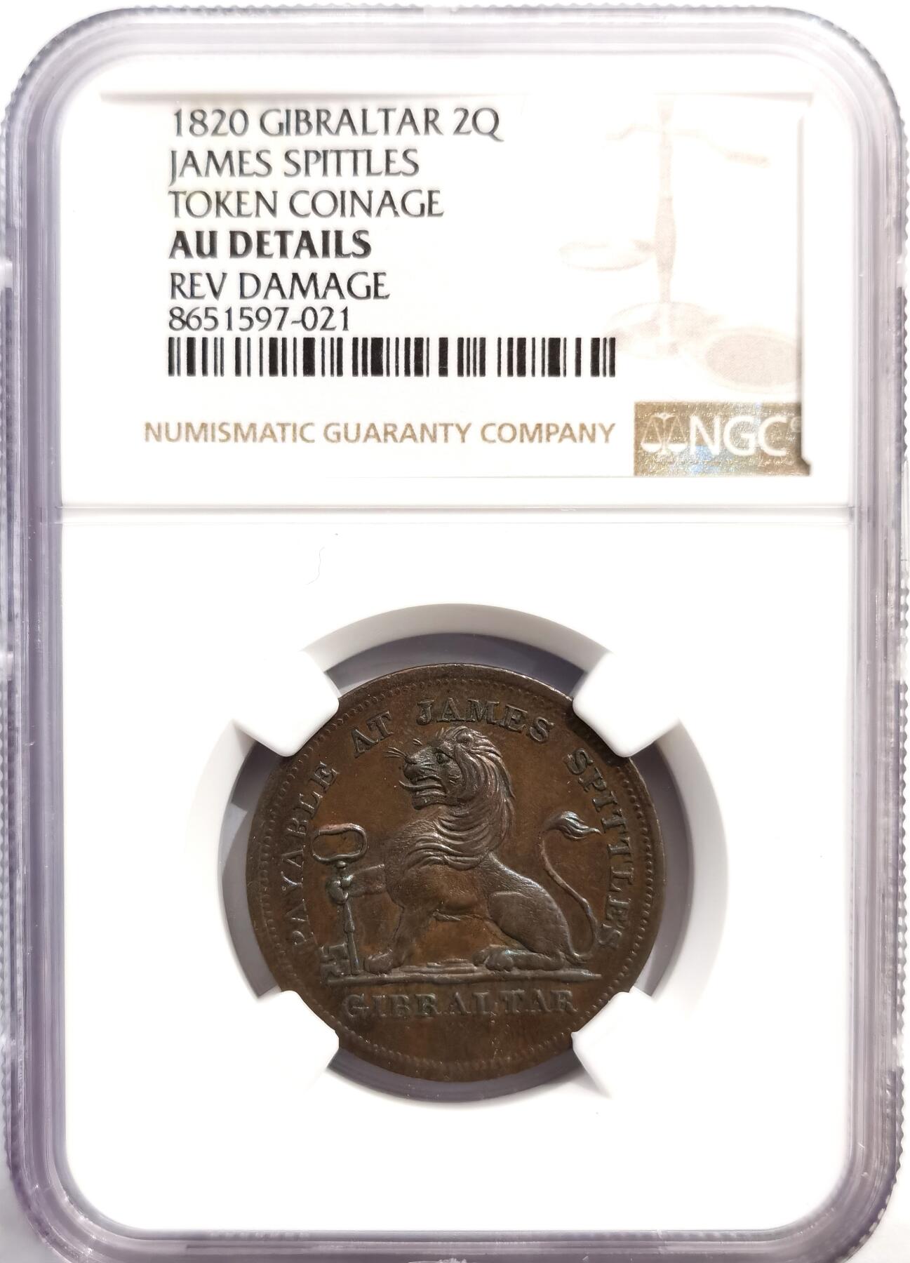 博洋堂世界钱币拍卖第162期（全场包邮） NGC AU 直布罗陀1820年2夸托（2Q）代币，由当地商人詹姆斯·斯皮特尔斯（James Spittles）发行，图案为直布罗陀著名地标摩尔人城堡及其城墙