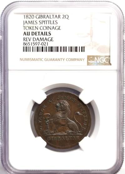 博洋堂世界钱币拍卖第162期（全场包邮） - NGC AU 直布罗陀1820年2夸托（2Q）代币，由当地商人詹姆斯·斯皮特尔斯（James Spittles）发行，图案为直布罗陀著名地标摩尔人城堡及其城墙
