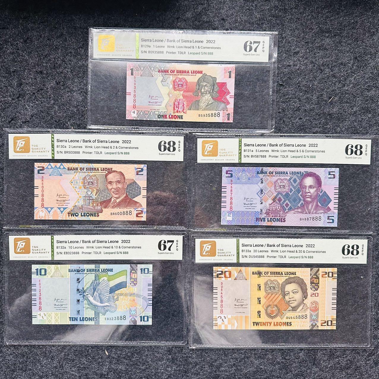 🇺🇳¥ ¥2026🐎马年纸钞评级币 塞拉利昂2022年1-2-5-10-20利昂，全套豹子号888