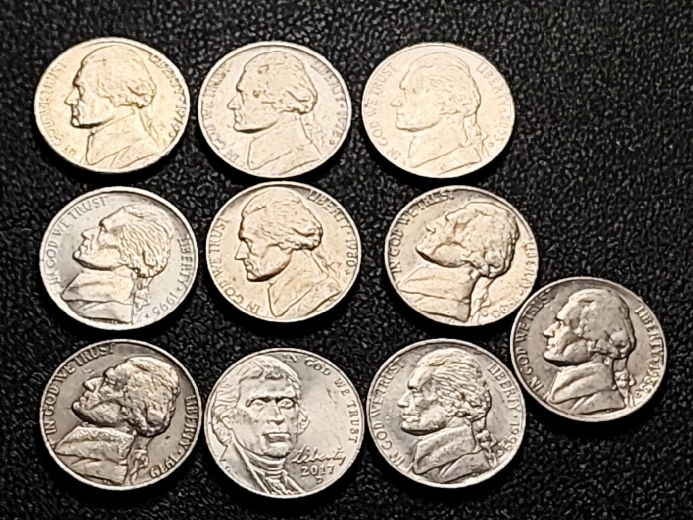 泉币菌-第199场- 新年快乐 新年第7场 本场拍品多 请提前出价 美国币 10枚一组 美国杰斐逊纪念币 5美分镍币