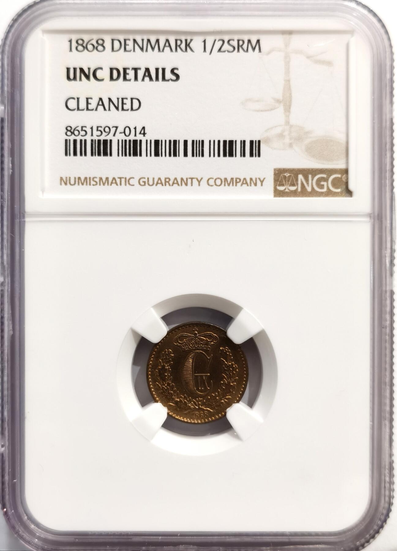 博洋堂世界钱币拍卖第162期（全场包邮） NGC UNC 丹麦1868年1/2Skilling Rigsmont铜币