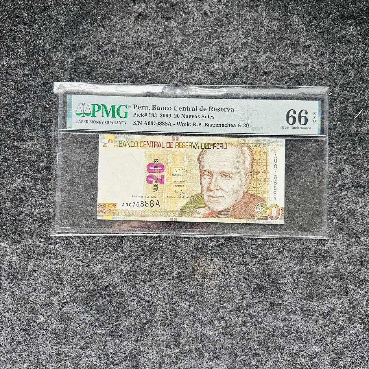 🇺🇳¥ ¥2026🐎马年纸钞评级币 秘鲁2009年20索尔，A...A首发冠+豹子号888（A0076888A）