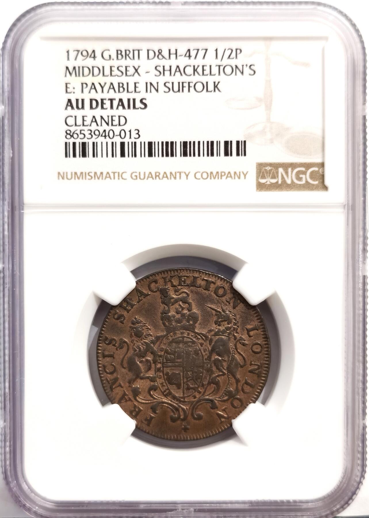 博洋堂世界钱币拍卖第162期（全场包邮） NGC AU 英国1794年1/2便士康德代币，伦敦蜡烛商人沙克尔顿发行，背面是蜡烛模具，主要在萨福克郡流通