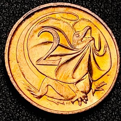泉币菌-第199场- 新年快乐 新年第7场 本场拍品多 请提前出价（正月十五统一发货） - 铜光美品 1989年 英属澳大利亚2分铜币 伞蜥蜴斗篷蜥 21.5mm
