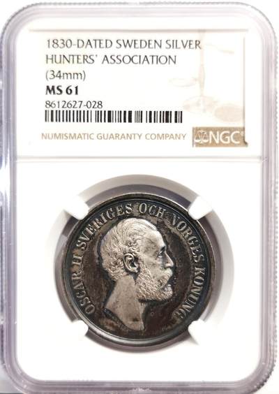 博洋堂世界钱币拍卖第162期（全场包邮） - NGC MS61 瑞典猎人协会纪念银章，正面为奥斯卡二世头像，34mm