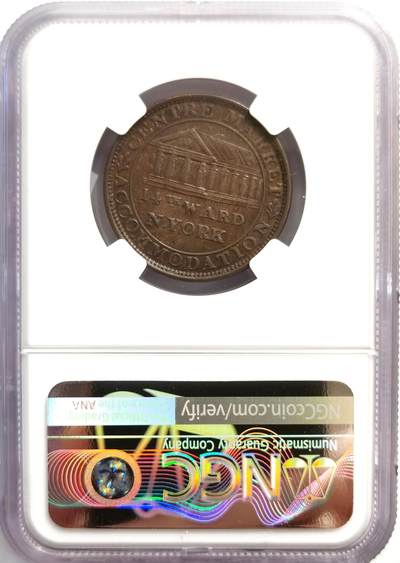 博洋堂世界钱币拍卖第162期（全场包邮） NGC MS62BN 美国1837年纽约中央市场代币，非常少见的美国艰难时期代币，正值美国历史上著名的“1837年经济大恐慌”时期，当时经济萧条，政府停止铸造小额铜币，导致市面上流通的官方硬币极度匮乏，为了填补市场空白，私人商家、银行或政治团体开始铸造这种铜质代币（Token）用于找零或宣传。