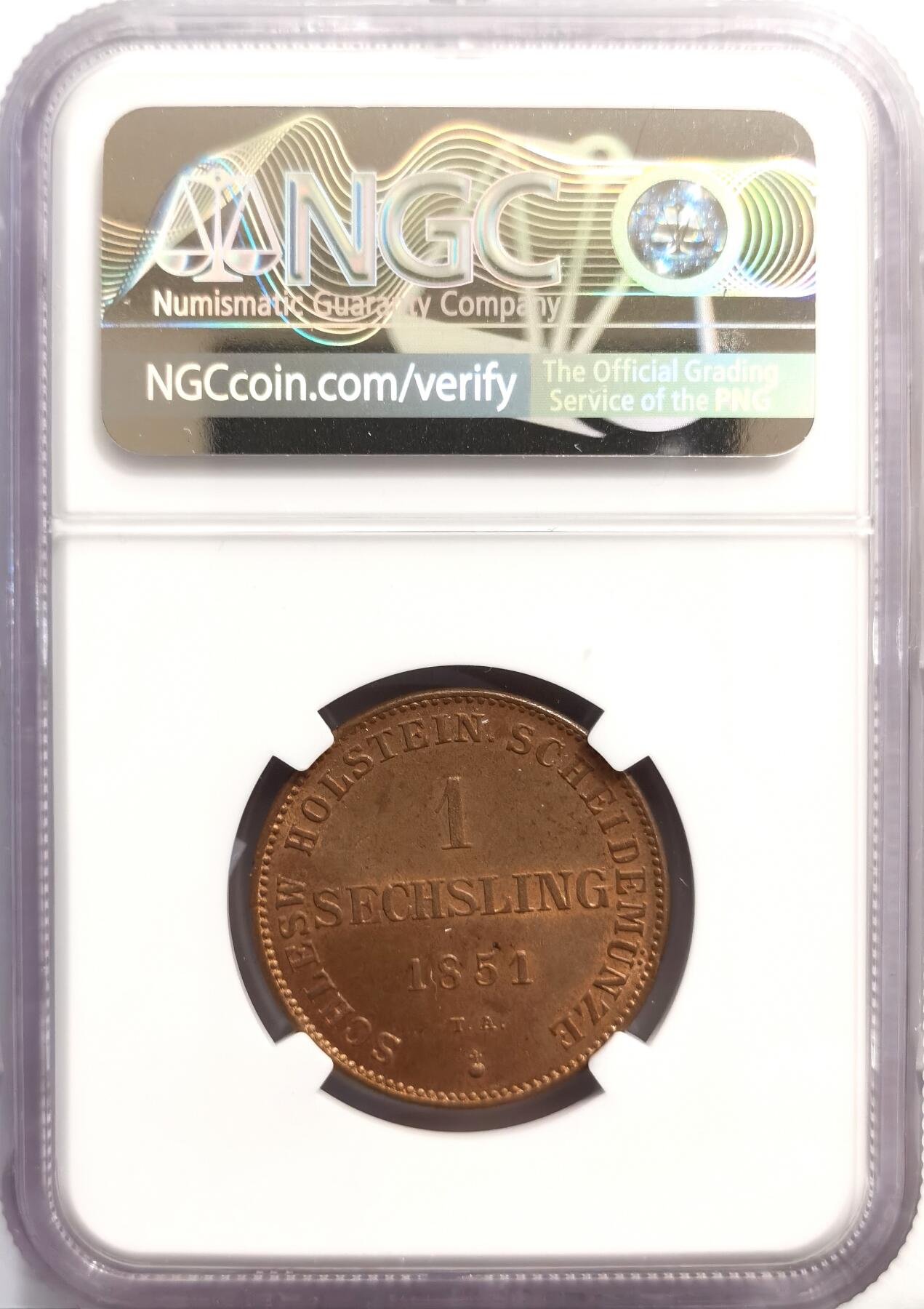 博洋堂世界钱币拍卖第162期（全场包邮） NGC MS64RB 德国石勒苏益格-荷尔斯泰因1851年1 Sechs（即1 Sechsling，6克鲁泽）铜币，稀少品种
