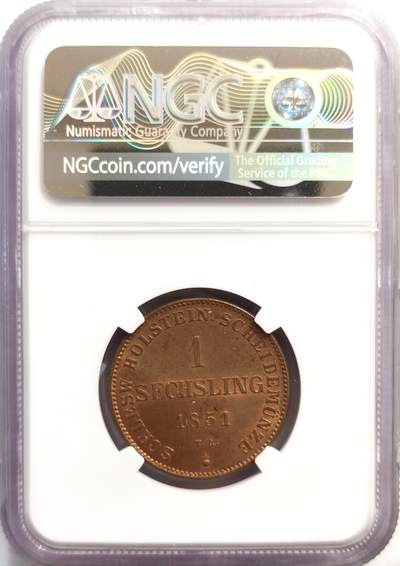 博洋堂世界钱币拍卖第162期（全场包邮） NGC MS64RB 德国石勒苏益格-荷尔斯泰因1851年1 Sechs（即1 Sechsling，6克鲁泽）铜币，稀少品种