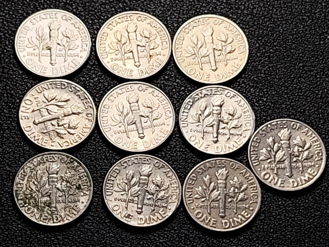 泉币菌-第200场- 新年快乐 新年第8场 本场拍品多 请提前出价（正月十五统一发货） 高币值一组十枚 美国10美分镍币 罗斯福 