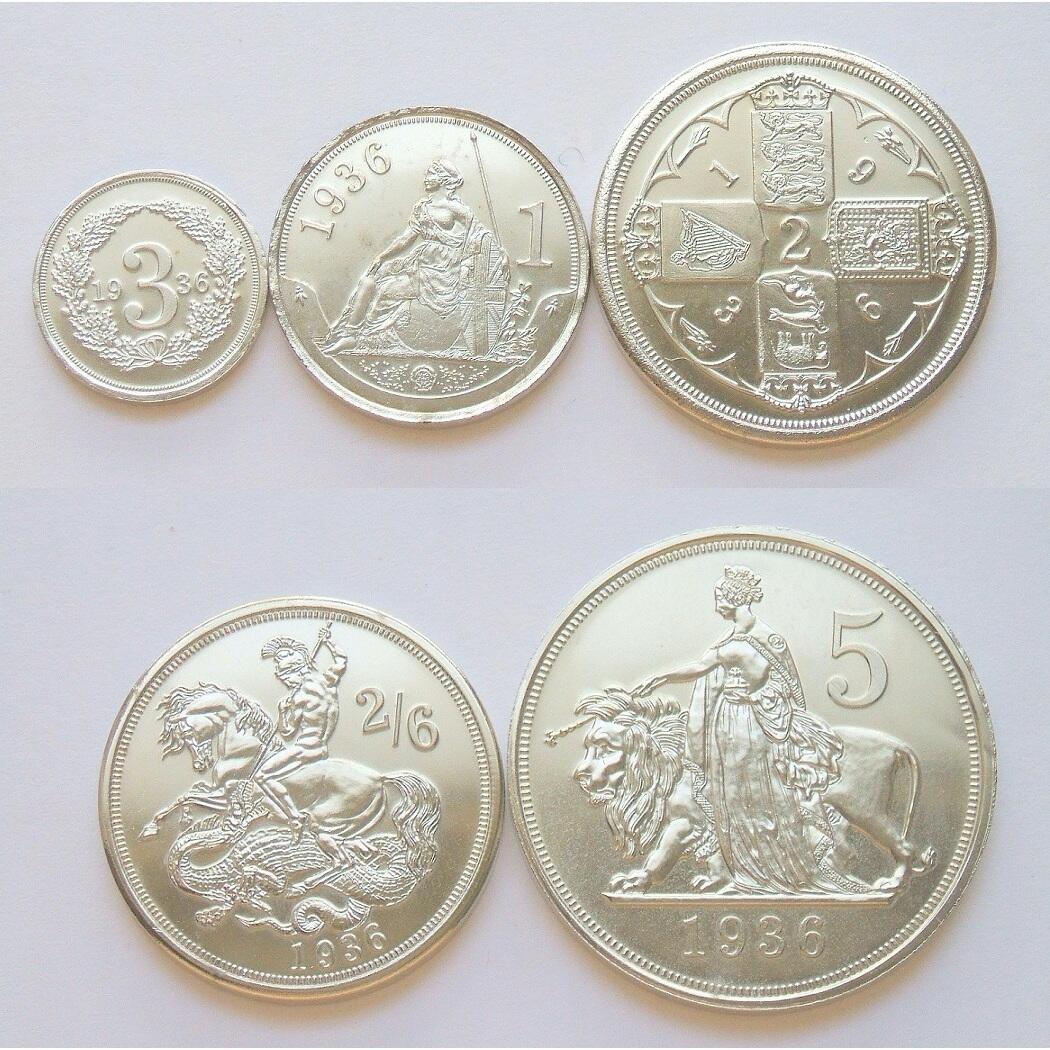 【旋风钱币】2月28日19:00准时开拍 精美欧洲币章、银币银章、第三帝国钱币等 全场包邮！ 【样币】5枚套 英国3便士-1克朗 爱德华八世屠龙马剑等 高浮雕精制镀银样币