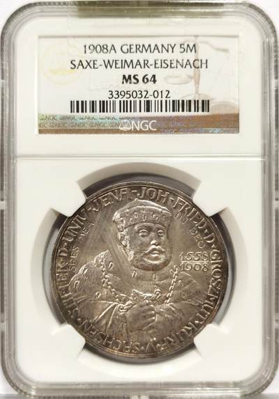 博洋堂世界钱币拍卖第162期（全场包邮） - NGC MS64 德国萨克森-魏玛-爱森纳赫1908年耶拿大学5马克银币