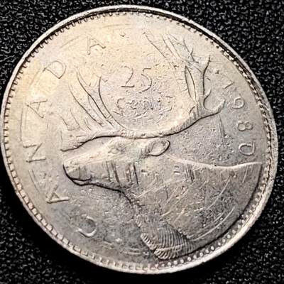 泉币菌-第200场- 新年快乐 新年第8场 本场拍品多 请提前出价（正月十五统一发货） - 高币值 加拿大1980年1/4加拿大元 伊丽莎白二世 驯鹿 24mm  高