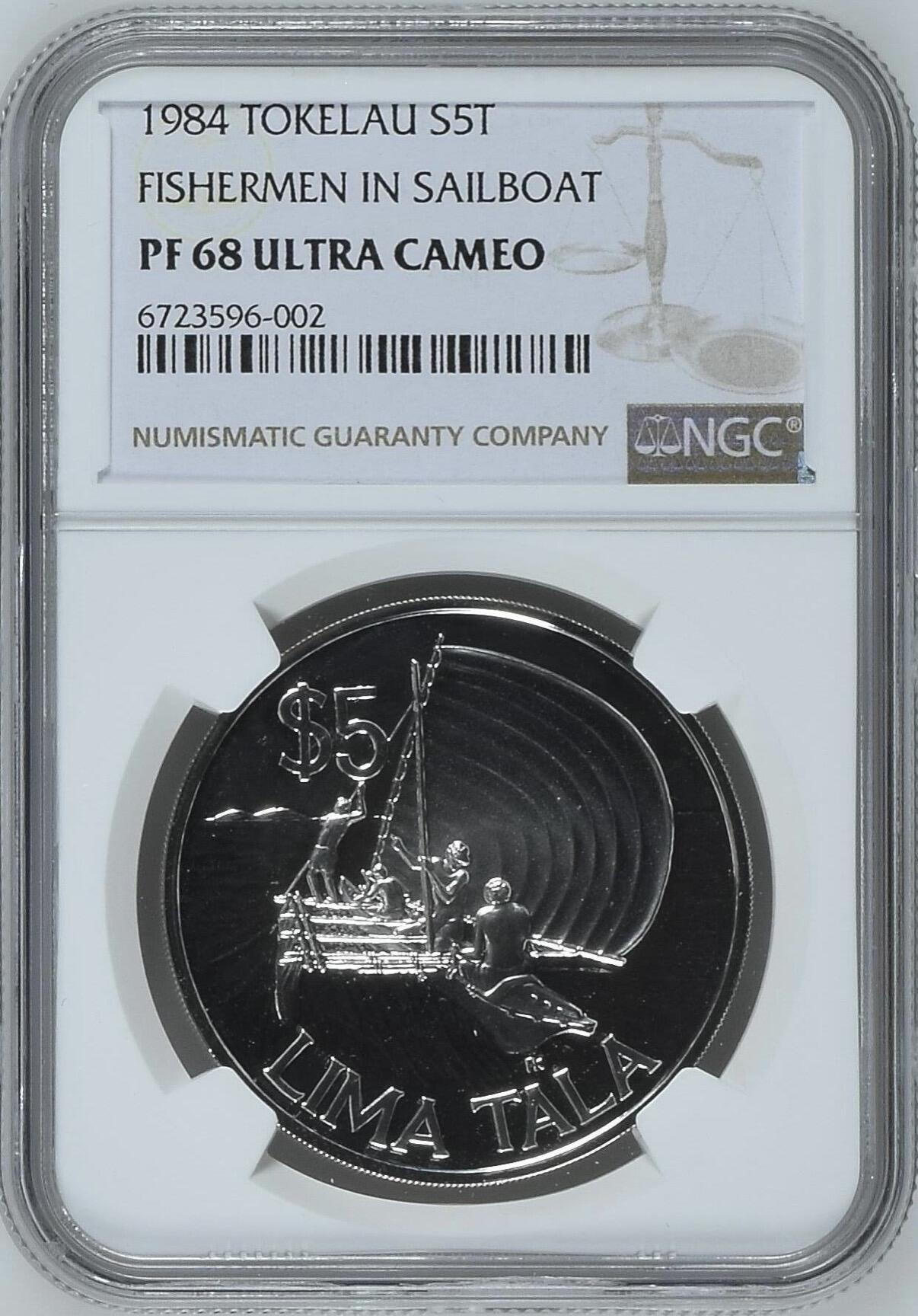 S&S Numismatic世界钱币-拍卖 第121期  托克劳1984年 帆船上的渔民 5元精制纪念银币 28.28克925银 NGC PF68UC