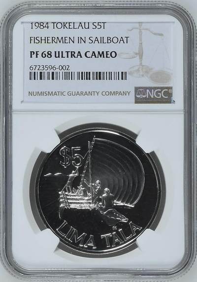 S&S Numismatic世界钱币-拍卖 第121期  - 托克劳1984年 帆船上的渔民 5元精制纪念银币 28.28克925银 NGC PF68UC