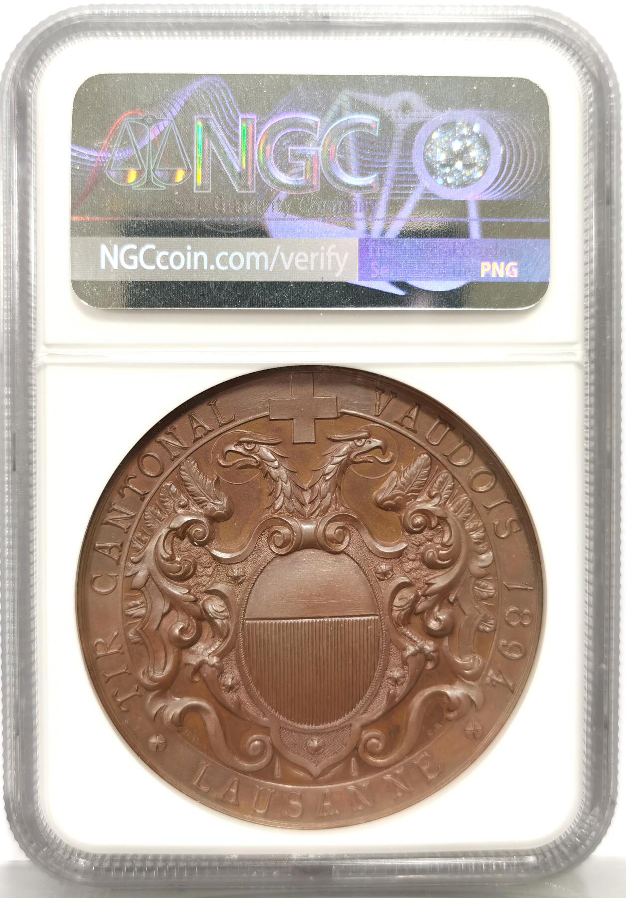 博洋堂世界钱币拍卖第162期（全场包邮） NGC MS65BN 1894年瑞士洛桑射击节飞天女神双头鹰铜章 稀少高分 设计精美大气 稀奇63分成交价1915