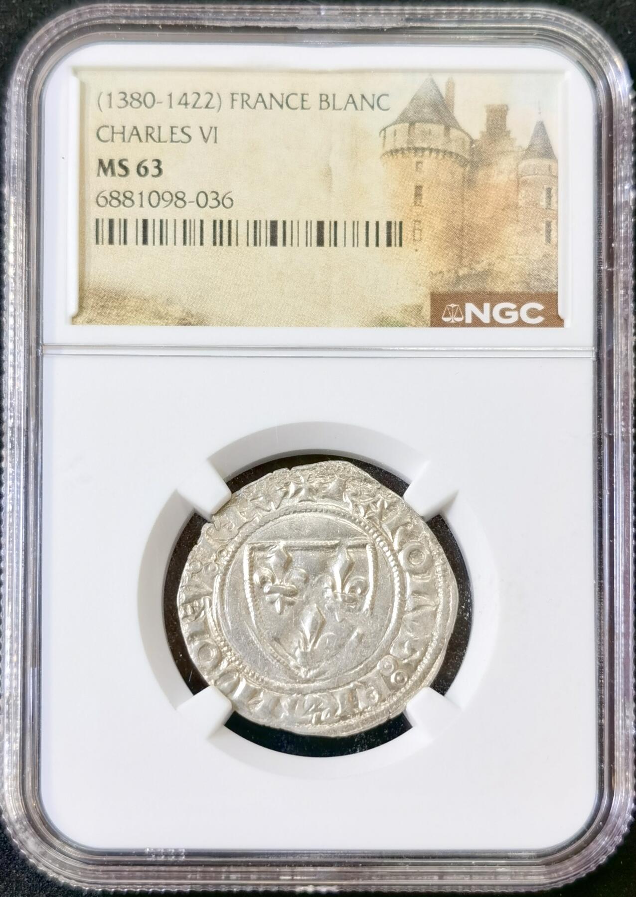 甄臻铺-世界币章拍卖（第52期），甄品场拍品征集中，送拍享返佣金等优惠多多 NGC-MS63 中世纪英法百年战争期间，法国查理六世打制银币，NGC中世纪特殊标签，疯王查理，亚军分更高分仅一枚，绝对的收藏级，全网仅见的分数，银光乍现，打制币能有此状态非常不易，之前的AU58就拍出了近3000元的价格