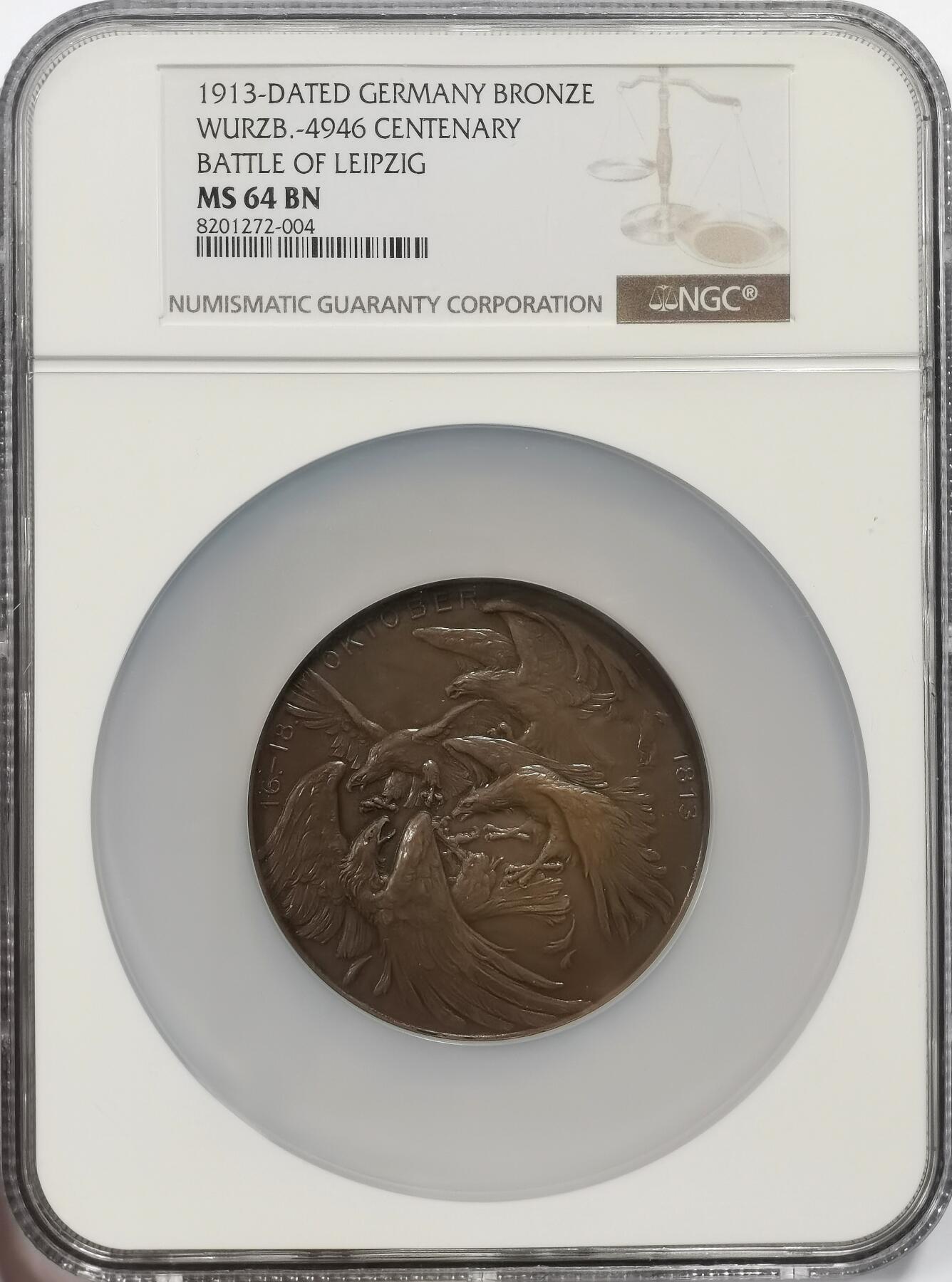 博洋堂世界钱币拍卖第162期（全场包邮） NGC MS64BN 冠军分！德国1913年莱比锡战役胜利百年建功碑60mm纪念大铜章 麦稀奇同分成交价1438
