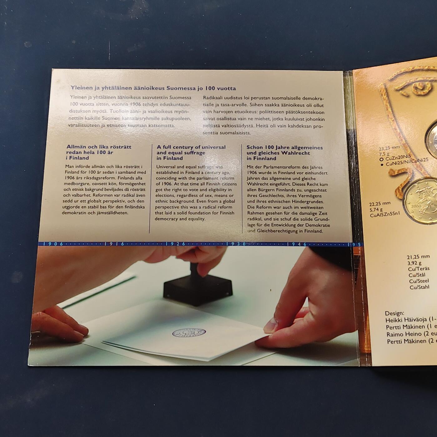 【全场包邮】纯粹捡漏拍506场-持续更新中 芬兰2006年全民选举权主题官方套币-含2欧元全民选举权100周年双色纪念币（编号2006-2）