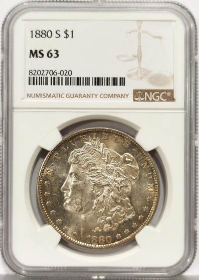 博洋堂世界钱币拍卖第162期（全场包邮） - NGC MS63 美国1880年S版摩根，金色包浆原生态