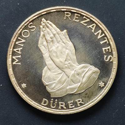 【全场包邮】纯粹捡漏拍507场-持续更新中 - 【少见】赤道几内亚1970年100比塞塔丢勒《祈祷的手》精制纪念银币【40毫米20克99.9%】-量4000