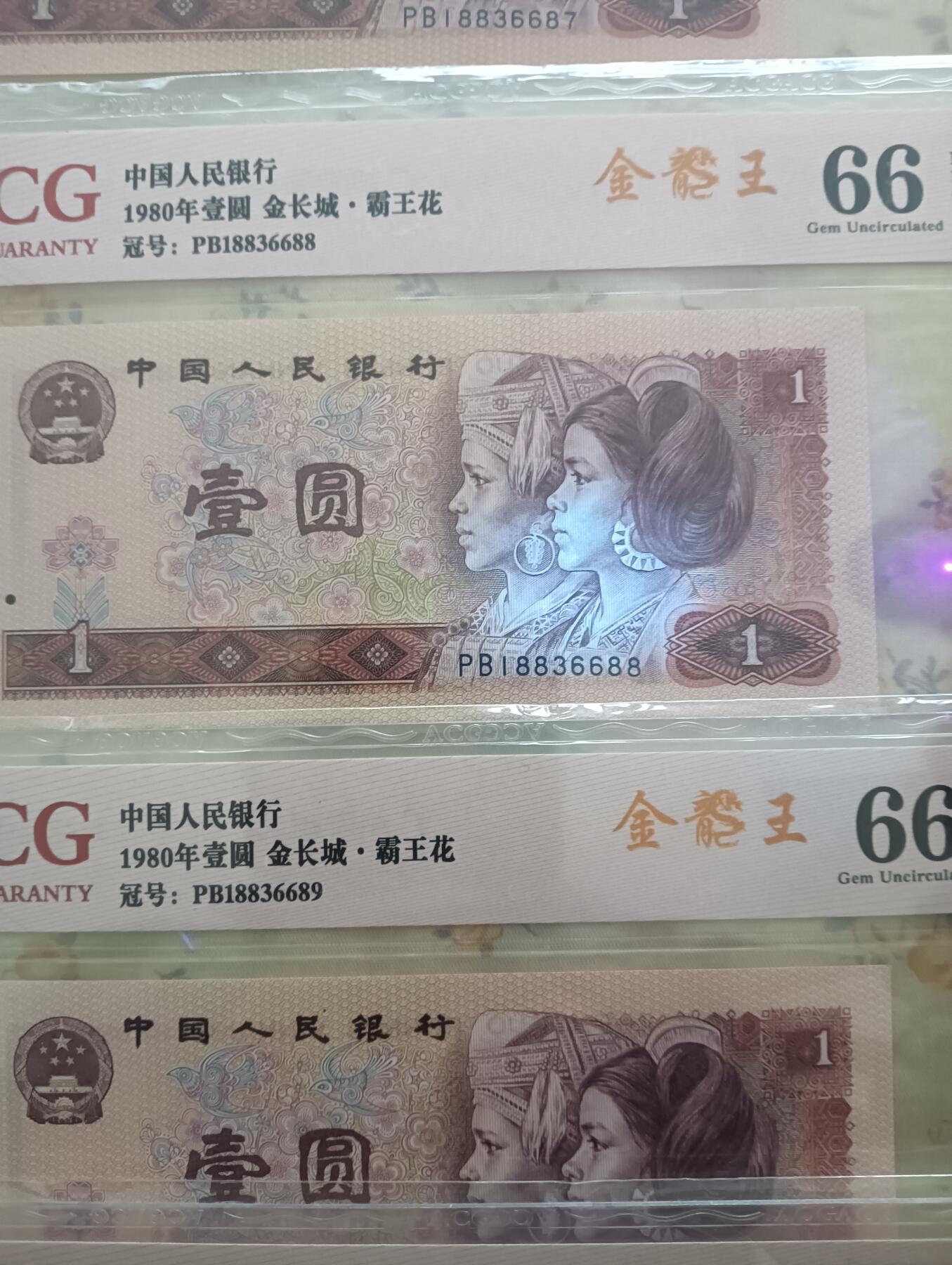 标题：801金龙王 ACG66EPQ PB冠 连号10张 保真 描述： 四版壹圆金龙王，PB冠，ACG 66EPQ，10张连号，品相完美。 荧光名品，收藏硬通货，本标十真实价格为988元，标价为平台限制所致，请提前谈好价格谢谢！，平台担保，顺丰保价包邮。 非假不退，看好再拍，评级币售出不退不换。