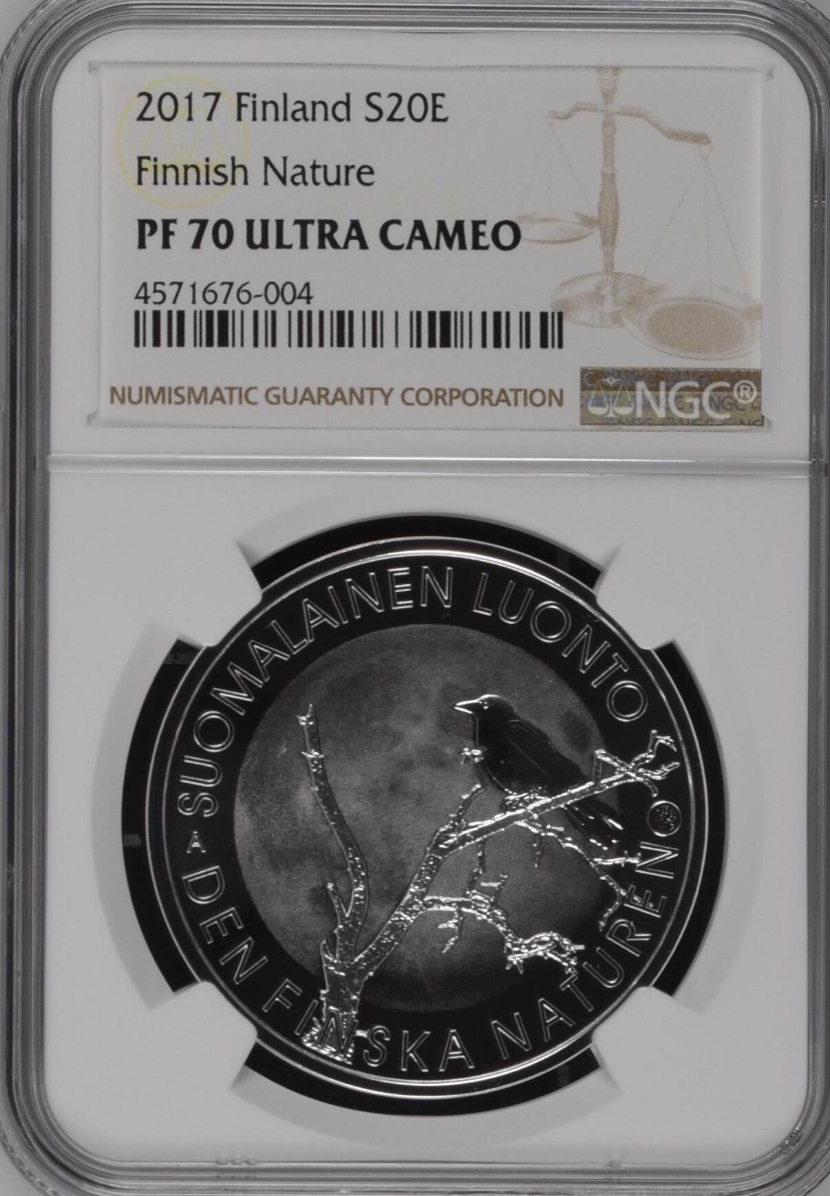 S&S Numismatic世界钱币-拍卖 第121期  芬兰2017年 芬兰自然-乌鸦 20欧元精制纪念银币 NGC PF70UC   25.5克925