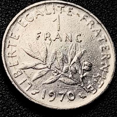 泉币菌-第200场- 新年快乐 新年第8场 本场拍品多 请提前出价（正月十五统一发货） - 法国早期（1970年）1法郎镍币  播种女神 入欧前 末版 绝版币