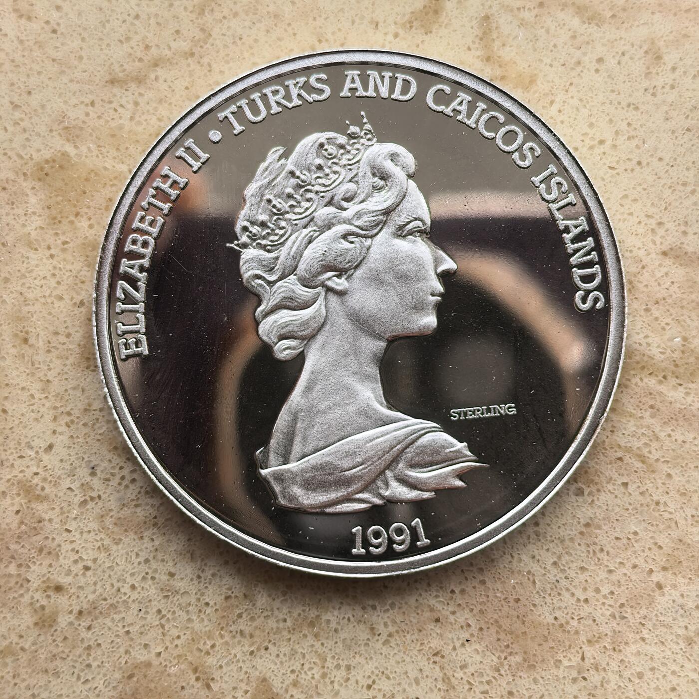 道一币馆币章第一百六十八场 特克斯和凯科斯群岛1991年哥伦布发现美洲大陆500周年20克朗纪念币  28.04g  925s