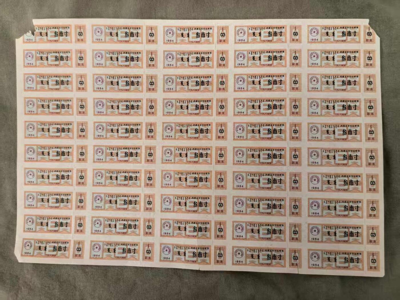 内蒙古自治区布票1984年叁市寸(3市寸) 50枚整版 未打孔 品相如图