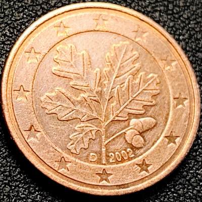 泉币菌-第200场- 新年快乐 新年第8场 本场拍品多 请提前出价（正月十五统一发货） - 欧元 2002年德国5欧分镀铜钢硬币 五叶橡树 21mm 3.9g