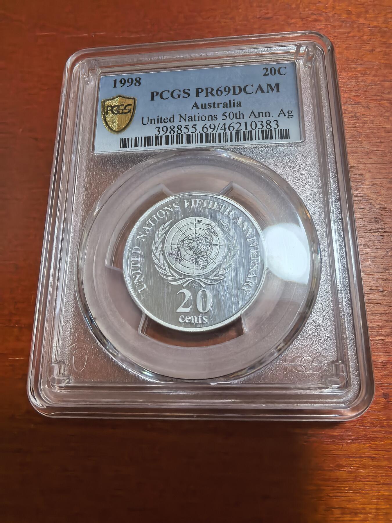 长老汇马年精选第五场拍卖 1998澳大利亚联合国成立50周年20分精制银币，13.36克，PCGS PR69DCAM，克书未列出，ebay68分成交价500多元