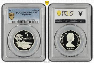 S&S Numismatic世界钱币-拍卖 第121期  - 塞舌尔1974年5卢比精制多边形银币 15.5克925银  PCGS PR69DCAM