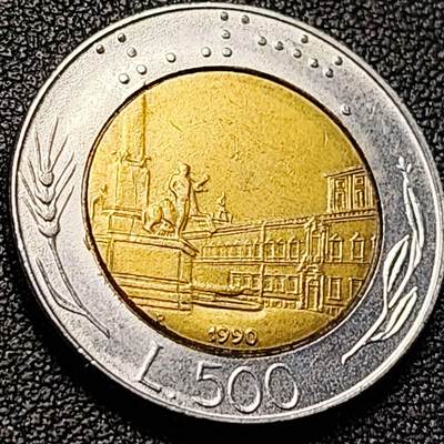 泉币菌-第200场- 新年快乐 新年第8场 本场拍品多 请提前出价（正月十五统一发货） - 世界首枚双色币 意大利1990年500里拉 罗马建筑雕像 广场 25.8mm