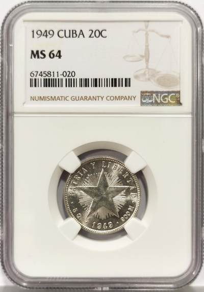 博洋堂世界钱币拍卖第162期（全场包邮） - NGC MS64 古巴1949年五星20分银币