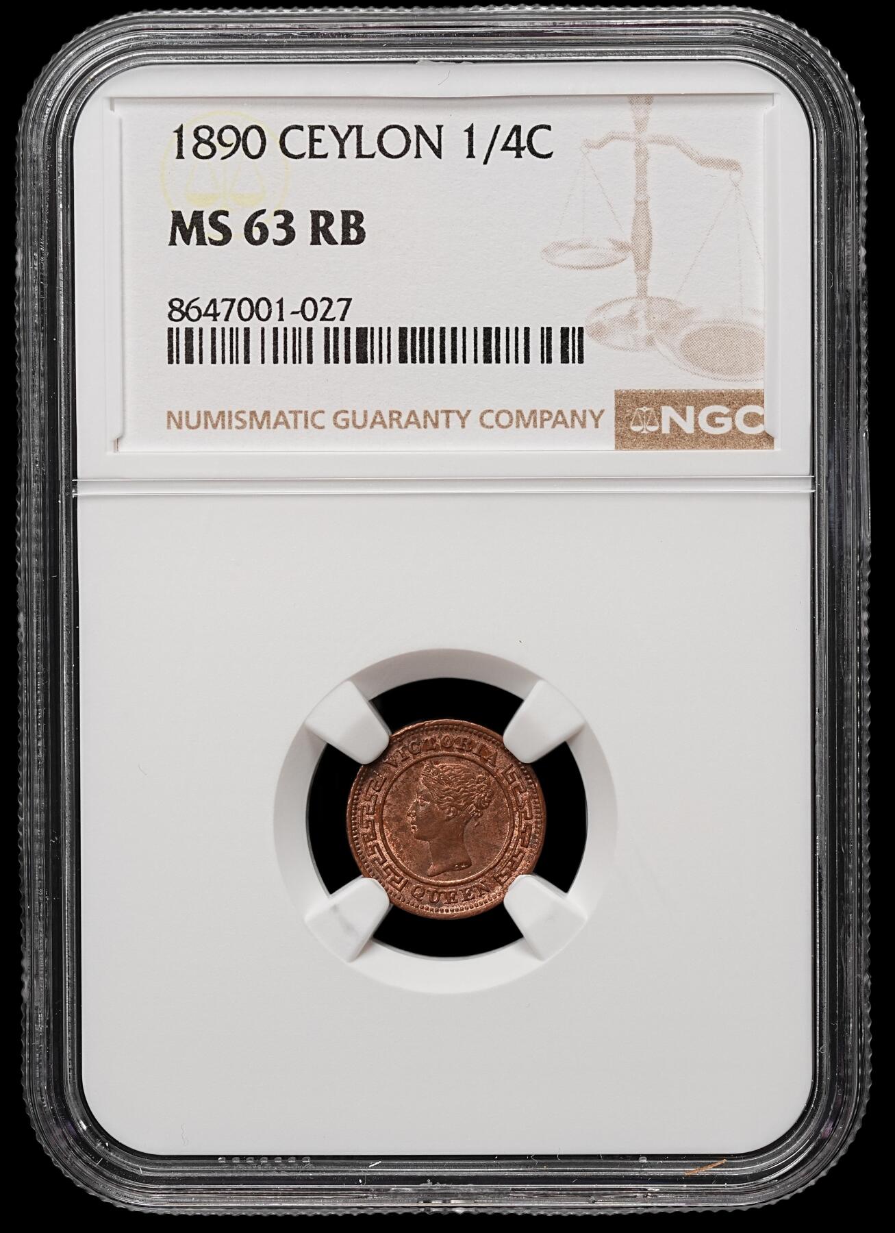 修遠堂世界钱币第106期，请看参拍说明 NGC MS63RB 1890年英属锡兰1/4分铜币