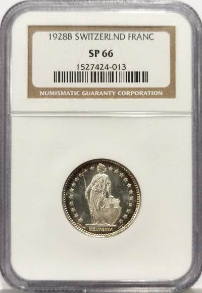 博洋堂世界钱币拍卖第162期（全场包邮） - NGC SP66 瑞士1928年1法郎银币，显著区别于普通MS版
