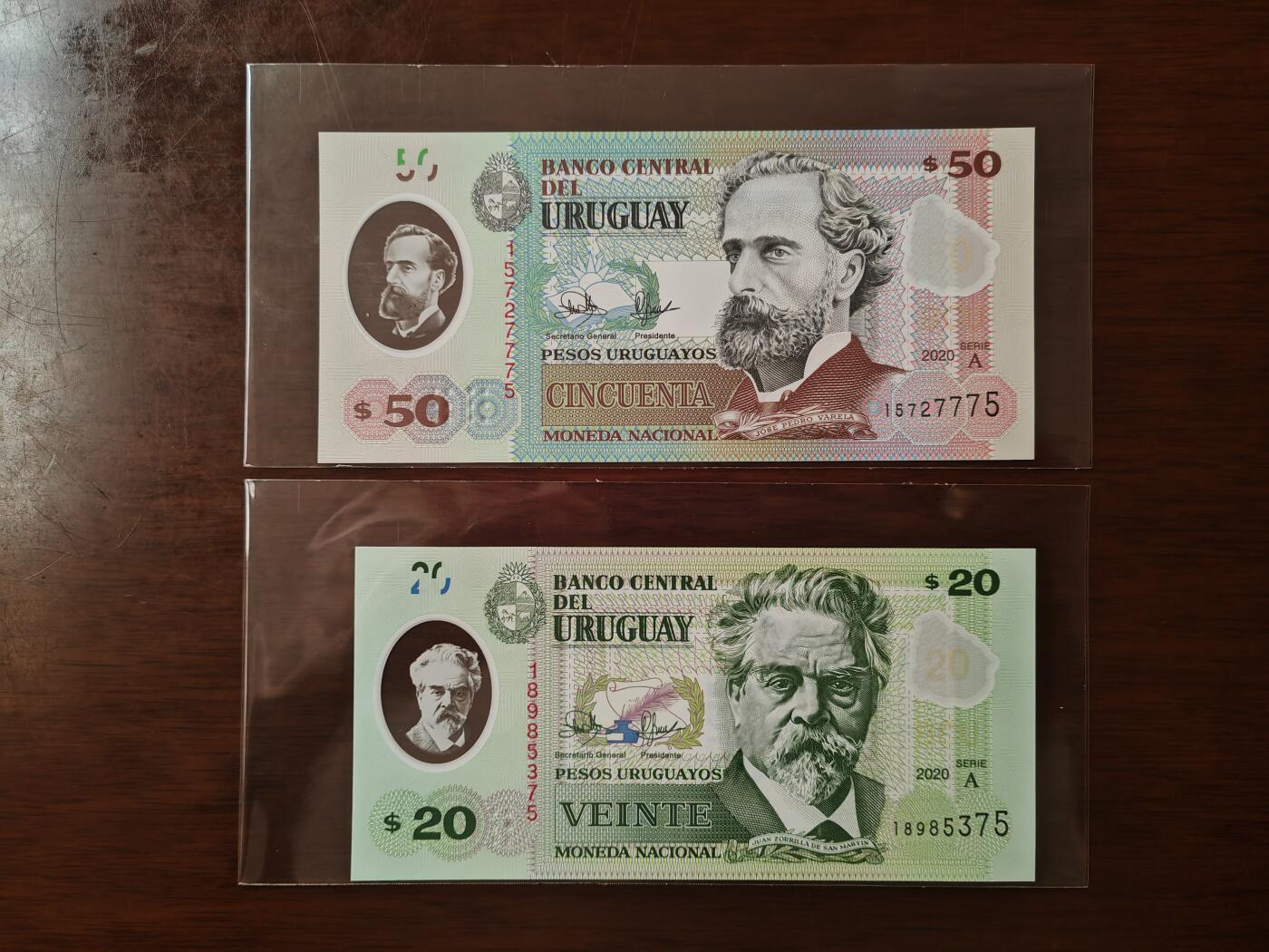 【礼羽收藏】🌏世界钱币拍卖126期 (一组2张)【UNC】美洲 乌拉圭 20.50 比索 塑料钞