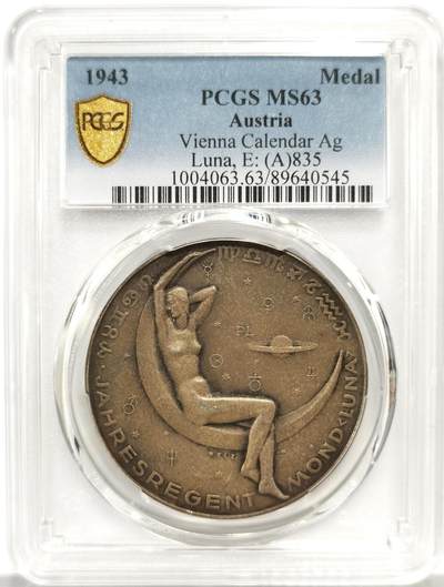 博洋堂世界钱币拍卖第162期（全场包邮） - PCGS SP63 奥地利日历系列1943年月亮女神露娜款银章，40mm尺寸950银！换盒可以要求备注the Third Reich。自然黄油金色包浆，外加系列最美设计，实属无与伦比的一款藏品！