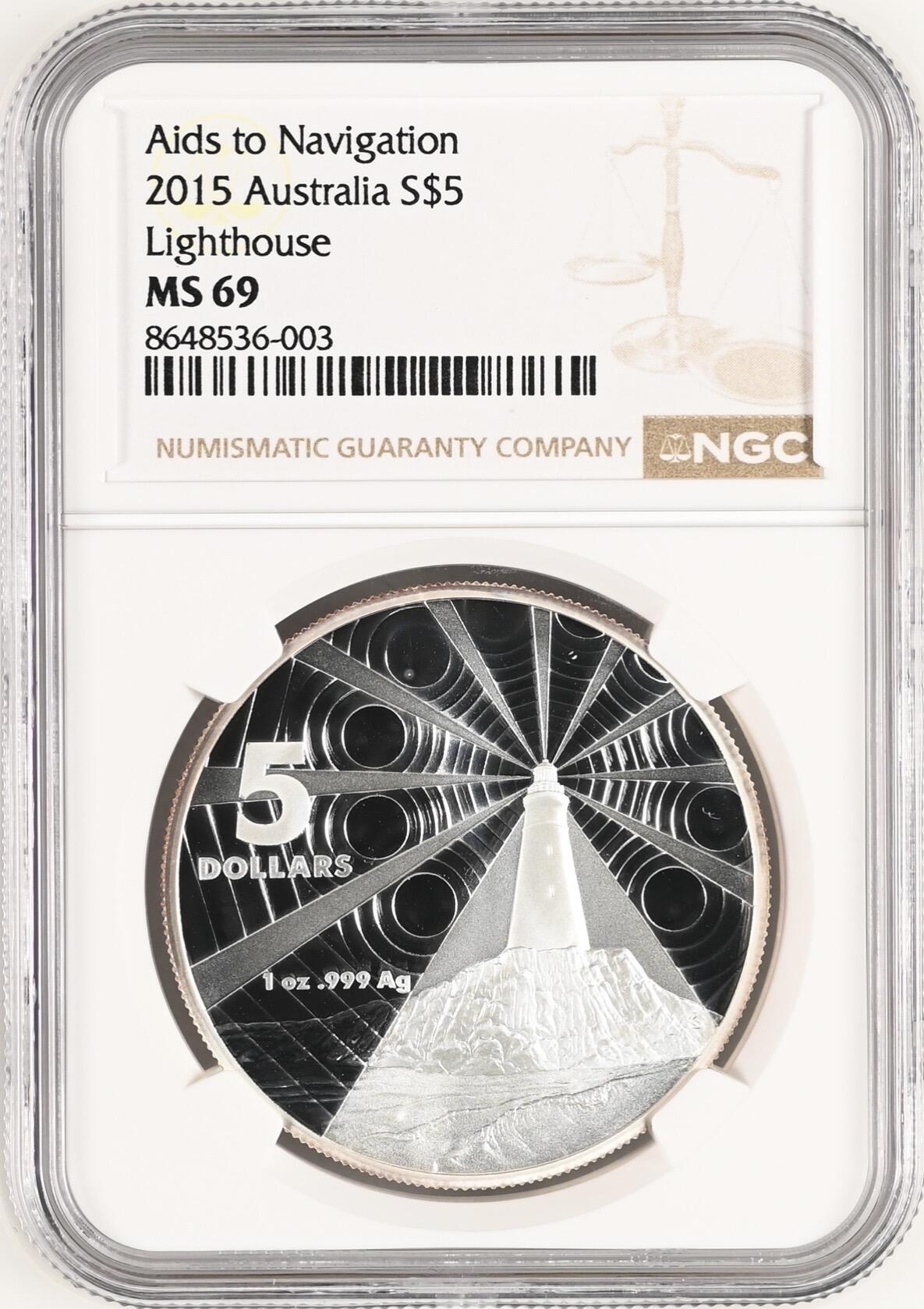 S&S Numismatic世界钱币-拍卖 第121期  澳大利亚2015年 辅助导航系列-灯塔 5澳元纪念银币 31.1克999银 NGC MS69