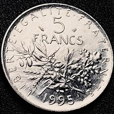 泉币菌-第200场- 新年快乐 新年第8场 本场拍品多 请提前出价（正月十五统一发货） - 原光美品 法国早期（1995年）5法郎大镍币 29MM 播种女神 入欧前末版 绝版币