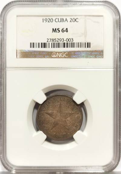 博洋堂世界钱币拍卖第162期（全场包邮） - NGC MS64 古巴1920年五星20分银币